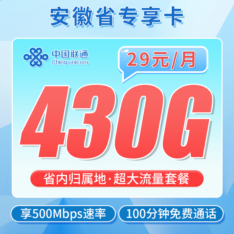联通安徽卡29元430G+100分钟+超快网速！