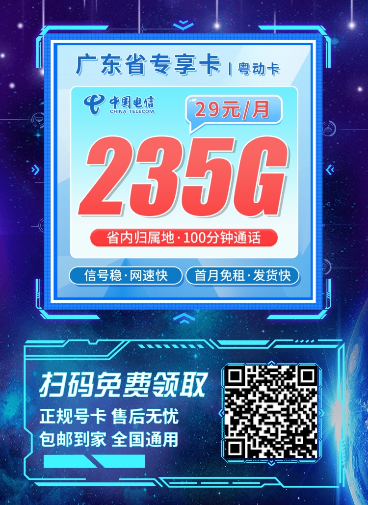 卡世界电信粤动卡-推广海报流量卡办理